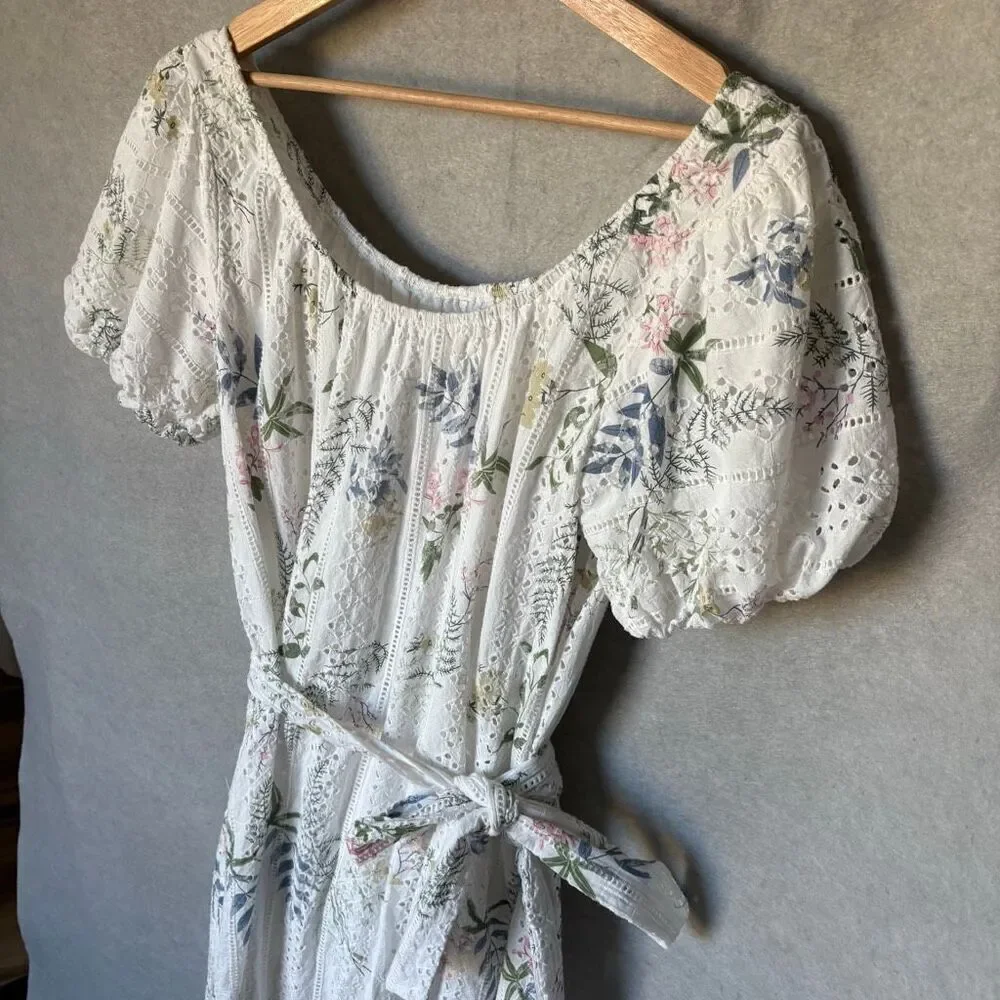 Just Me Cotton Eyelet Puff Sleeve Midi Waist Tie Tiered OffShoulder Floral Dress